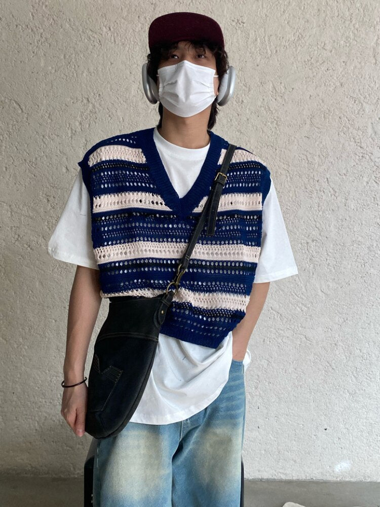 Hollow Out Sweater Vest Men Unisex Fashion Ins All-match Basic Sleeveless Knitwear Autumn Holiday Vintage Males Clothing Street