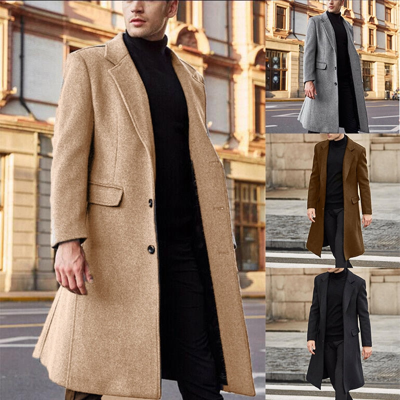 jiaabc Winter Warm Formal Wool Coat For Men Long Jacket Overcoat Fashion Trench Cardigan Solid Color Fashion Label Collar Outwear Male