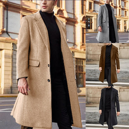 jiaabc Winter Warm Formal Wool Coat For Men Long Jacket Overcoat Fashion Trench Cardigan Solid Color Fashion Label Collar Outwear Male