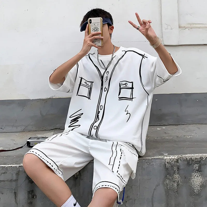 jiaabc Summer 2pcs Men's Set Matching Shorts T-shirts Hand-painted Clothing O-Neck Short Sleeve Oversize Streetwear Creative Graffiti