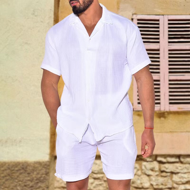 jiaabc Spring Summer Men Suit Simple Short-sleeve Shirts And Shorts Solid Two-piece Set Oversized Loose Linen Clothing Men's Outfits