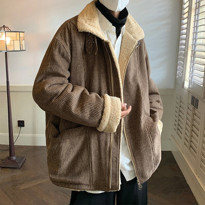 jiaabc Winter Thick Corduroy Jacket Men Warm Fashion Retro Thickened Lamb Wool Jackets Mens Streetwear Korean Loose Short Coat Men