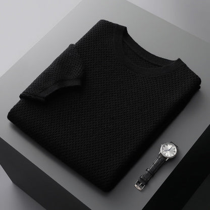 jiaabc 100% Pure Wool T-Shirt Men's Round Neck Pullover Short Sleeve Autumn Winter New Honeycomb Stitch Vest Casual Sweater