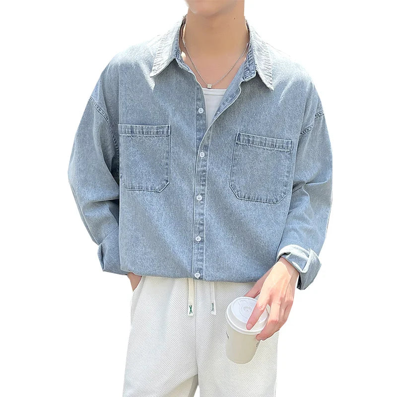 jiaabc Spring Blue Black Denim Shirt Men Fashion Pocket Casual Shirts Mens Streetwear Korean Loose Long-sleeved Shirt Men M-2XL