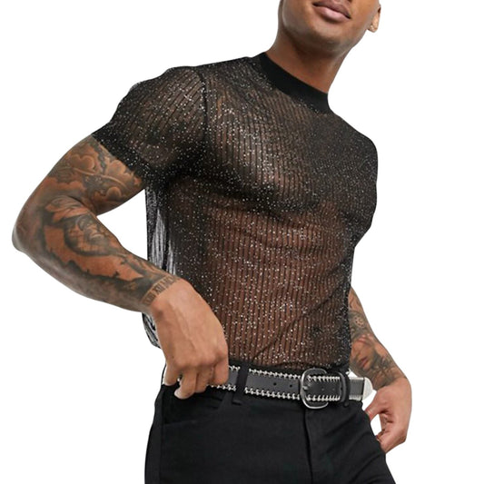 jiaabc Sexy Men's Sequins T-shirt Top Round Neck Short Sleeve Sequin Transparent Mesh T Shirts Summer Male Club Party Tshirts Camiseta