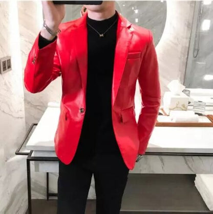 jiaabc New Autumn Faux PU Leather Suit Jacket Men Korean Trendy Slim Fit White Red Black Fashion Streetwear Blazer Coat Male