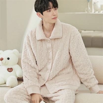 jiaabc Men Warm Flannel Winter Pajamas Turn-down Collar Long Sleeve Homewear Two-piece Set Loose Comfortable Thick Sleepwear Nightwear