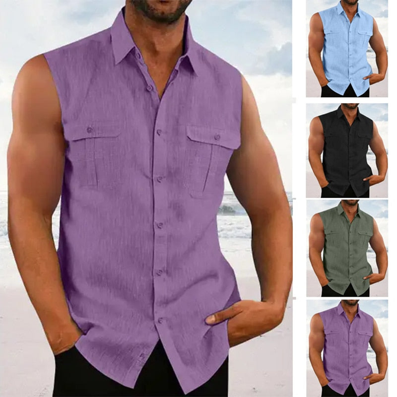 jiaabc Leisure Men's Cotton Linen Tank Tops Spring Summer Casual Solid Color Buttoned Lapel Sleeveless Vest Shirt Fashion Camisole