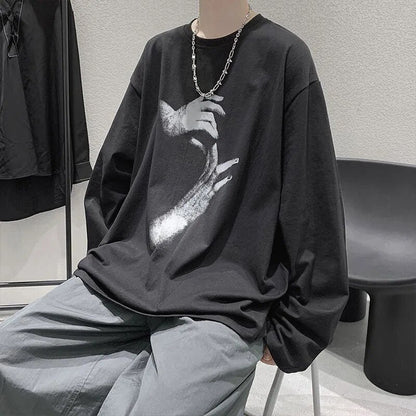 jiaabc T-shirts Men Korean Style Trendy Baggy Fashion O-neck Autumn Design Long Sleeve Print Casual Harajuku Daily Streetwear Clothes