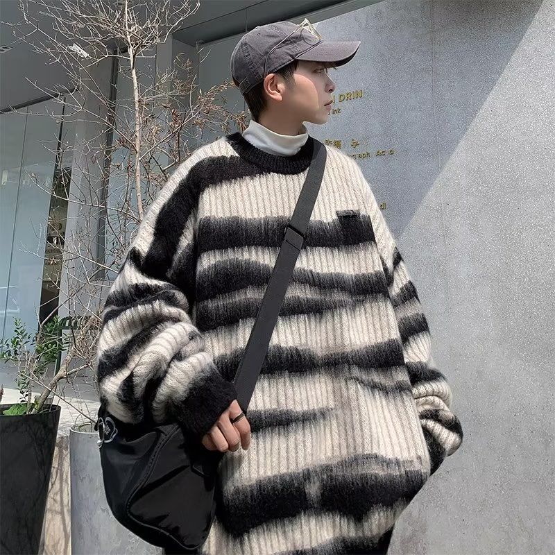 jiaabc Zebra Pattern Round Neck Sweater Men Japanese Retro Loose Vintage Sweater Jacket Autumn and Winter Men Casual Sweater