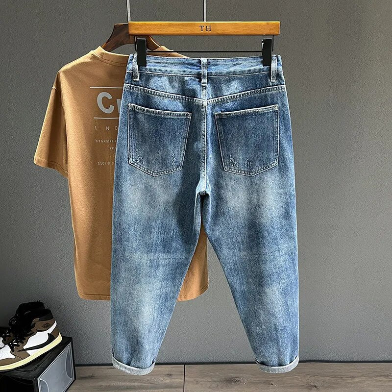 jiaabc Hip Hop Jeans Men Frayed Slim Little Feet Streetwear Blue Ankle Length Denim Trousers Male Casual Fashion Retro Cropped Pants