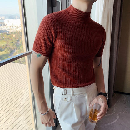 jiaabc Fall Winter New Short Sleeve Knitted Sweater Men Clothing Half High Neck Slim Fit Sweater T-shirt Casual Stretch Homme Pullover