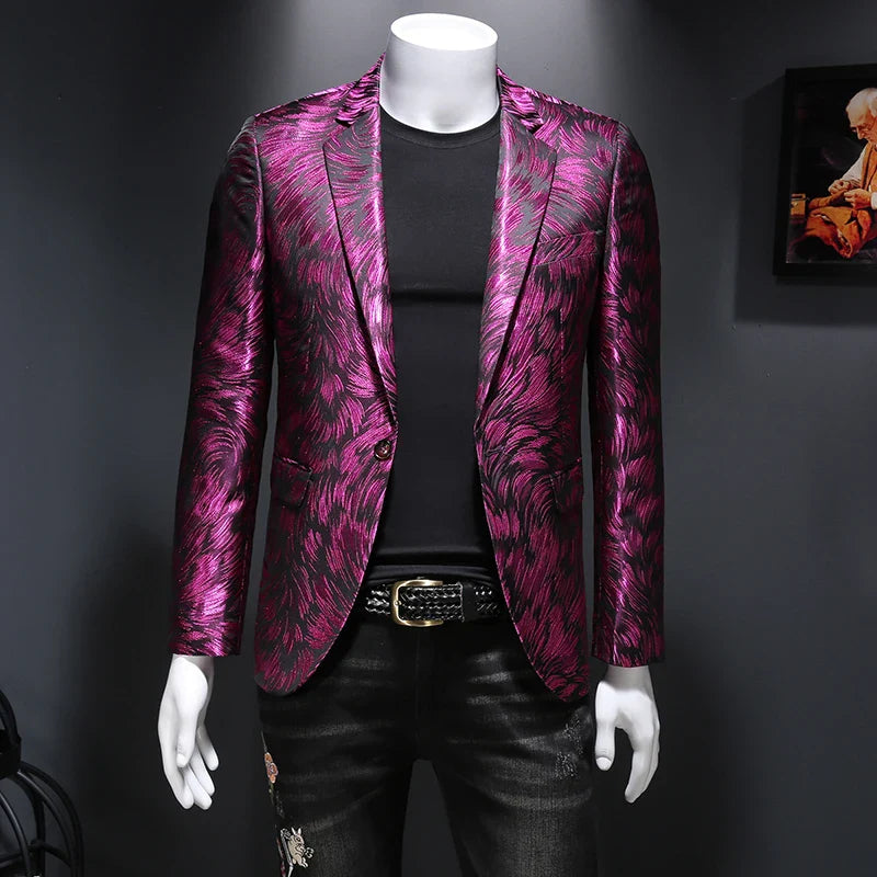 jiaabc Luxury Men Jacquard Slim Fit Blazer Stage Performance Metal Gold Yarn Casual Suit Jacket Formal Stage Costumes