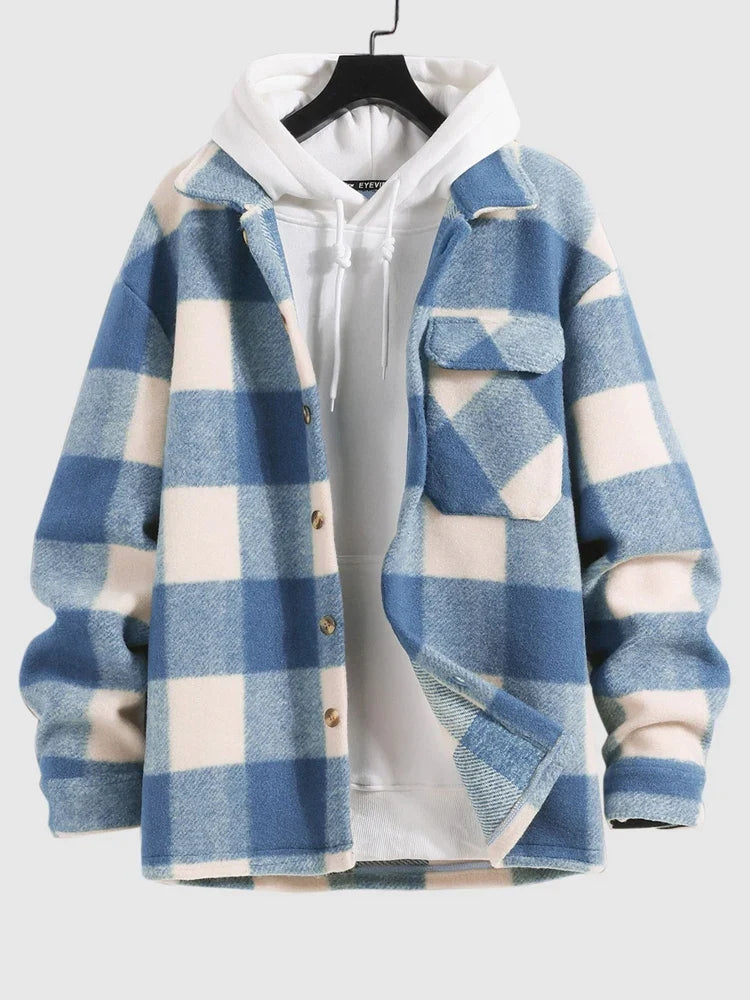 jiaabc Checked Plaid Colorblock Jacket Woolen Turn Down Collar Coat Winter Unisex Streetwear Warm Outerwear with Pocket