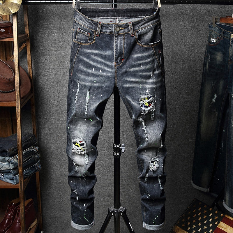 jiaabc Streetwear Ripped Jeans Men's Fashion Retro Dilapidated Personality Straight Paint Spot Graffiti Denim Trousers Male