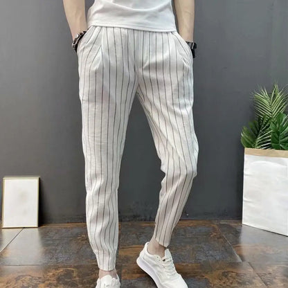 jiaabc Men Harem Pants Striped Drawstring Elastic Waist Slim Fit Streetwear Spring Autumn Stretch Ankle Tied Pencil Pants for Daily