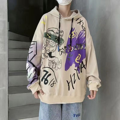 jiaabc Autumn and winter Korean style trend plus fleece hooded sweater men graffiti hip-hop all-match loose printed coat couple sweater