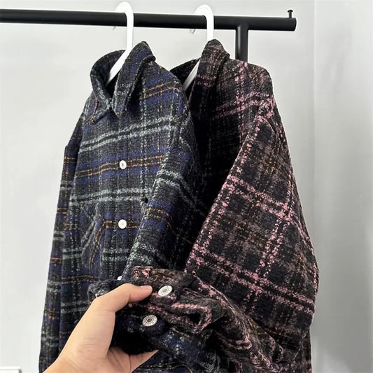 jiaabc Oversized Woven Shirt Men Fashion Retro Casual Plaid Shirts Mens Streetwear Korean Loose Long-sleeved Shirt Men M-2XL