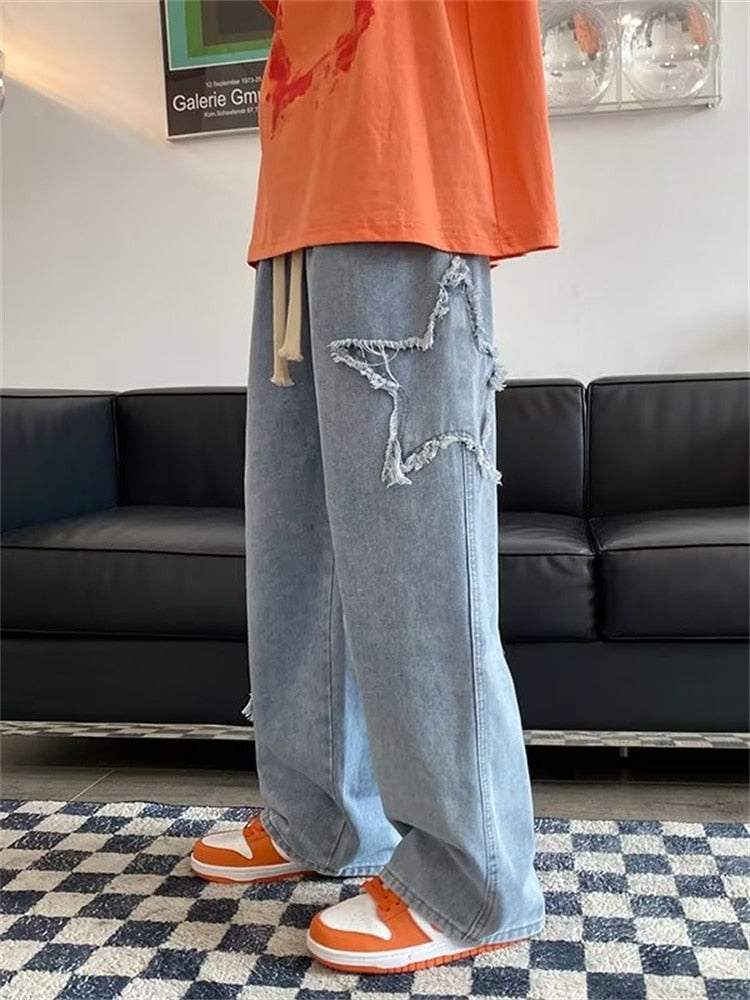 jiaabc High Street Star Embroidered Jeans Men Retro Washed Patch Loose Wide Leg Pants American Casual Loose Straight Y2K Pants