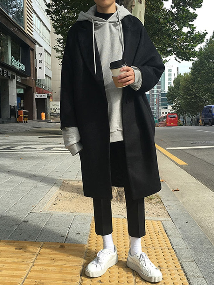 jiaabc Autumn Winter Loose Casual Grey Black Soft Warm Woolen Cocoon Coat Men Lapel Double Breasted Korean Fashion