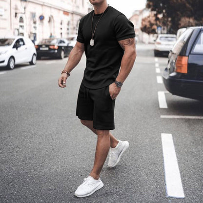 jiaabc Men's Sports Suit Summer Breathable T-shirt 2 piece Set Men Solid Color Fitness Gyms Running Sportswear Male Tracksuit 2023 New