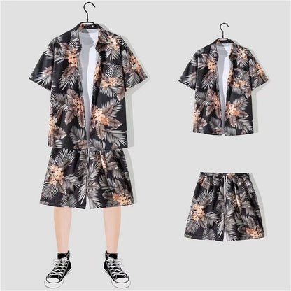 jiaabc 2 Piece Sets Men Beach Fashion M-3XL Baggy Handsome Print Shirts Shorts Hawaiian Holiday Unisex Thin Summer Vintage Clothing Ins