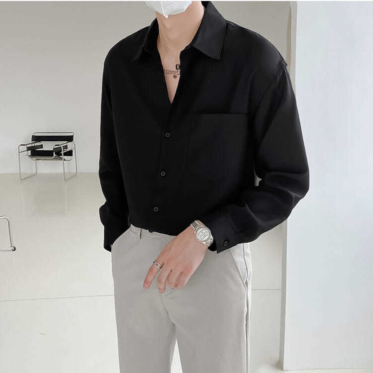 jiaabc Spring New Senior Long Sleeve Button Down Shirts for Men Korean Fashion Loose Drape Solid Color All-match Men's Shirt Blouse