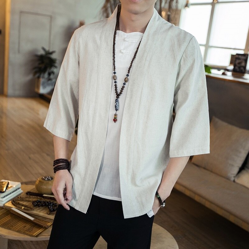 jiaabc  Summer Men's Kimono Jackets Cardigan Mens Lightweight Casual Cotton Blends Linen Seven Sleeves Open Front Coat Outwear