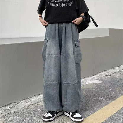 jiaabc Spring Autumn Trousers y2k baggy jeans for men Wide leg Pants Pockets Elastic Waist Streetwear Loose comfortable Pants