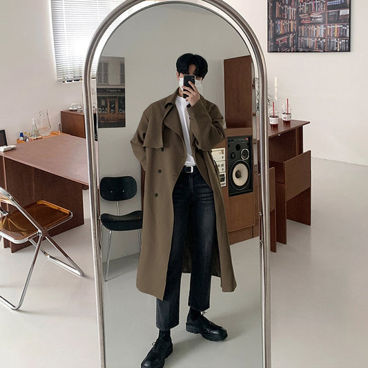 jiaabc British Style Trench Men Solid Double Breasted Oversize Leisure Long Coats Stylish Outwear Hombre Korean Style BF Windbreaker