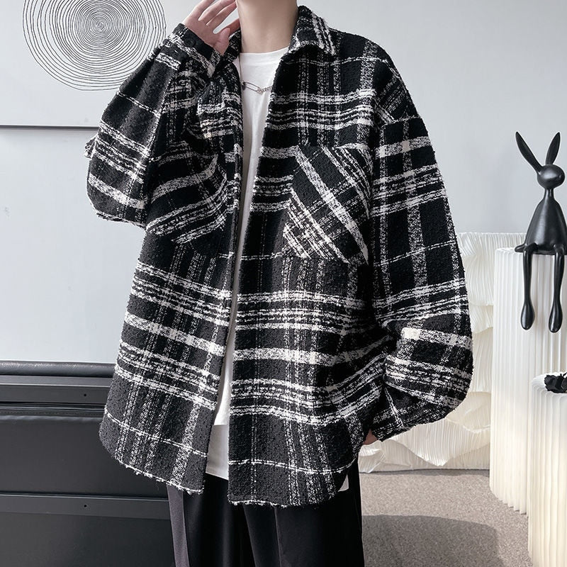 jiaabc Autumn Plaid Woolen Coat Men Fashion Retro Casual Oversized Woolen Jacket Men Korean Loose Woolen Shirt Mens Overcoat M-2XL