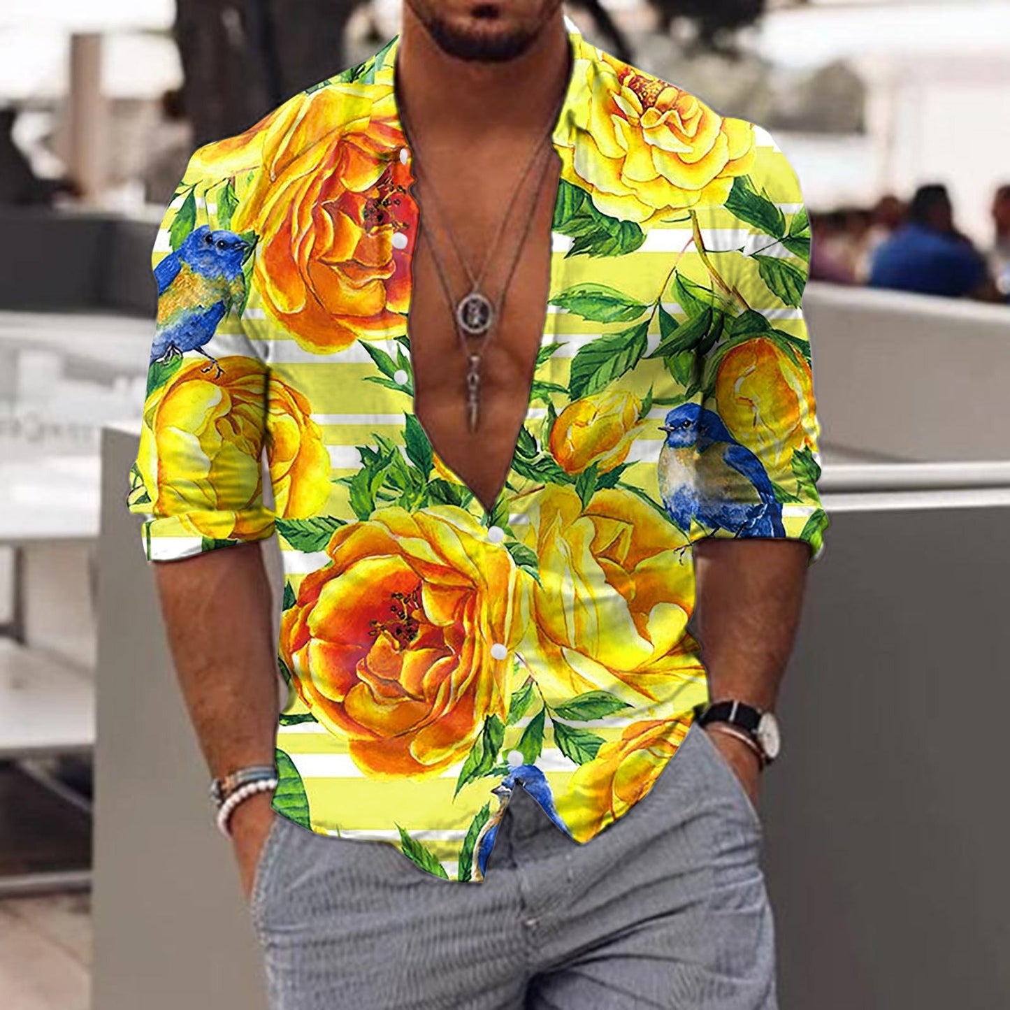 jiaabc Spring Autumn Men Hawaiian Shirts Turn-down Collar Buttoned Tops Men's Casual Tropical Printed Long Sleeve Shirt Streetwear