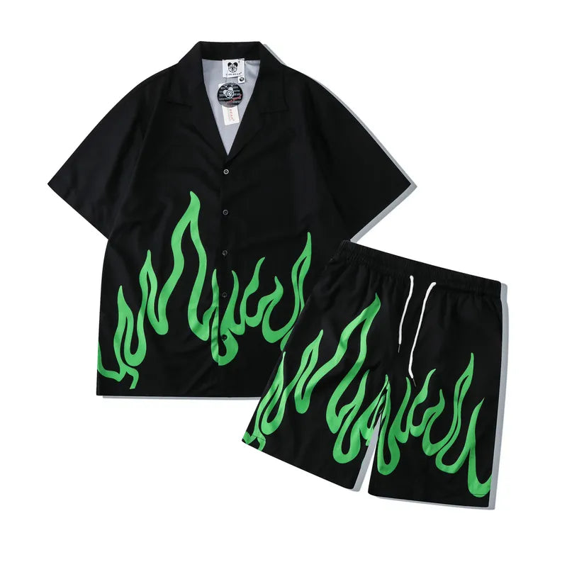 jiaabc Green Flame Print Summer Shirts and Shorts Tracksuits for Men Streetwear Casaul Oversized Hawaii Sets Loose Unisex Beach Clothes