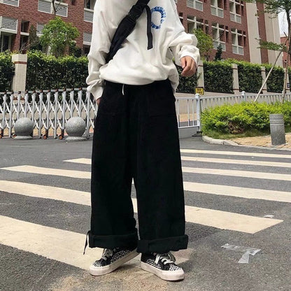 jiaabc Brown Black Corduroy Pants Men Fashion Retro Oversized Casual Pants Men Streetwear Loose Hip-hop Wide-leg Pants Mens Trousers