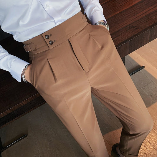 jiaabc British Style Autumn New Solid High Waist Trousers Men Formal Pants High Quality Slim Fit Business Casual Suit Pants Hommes