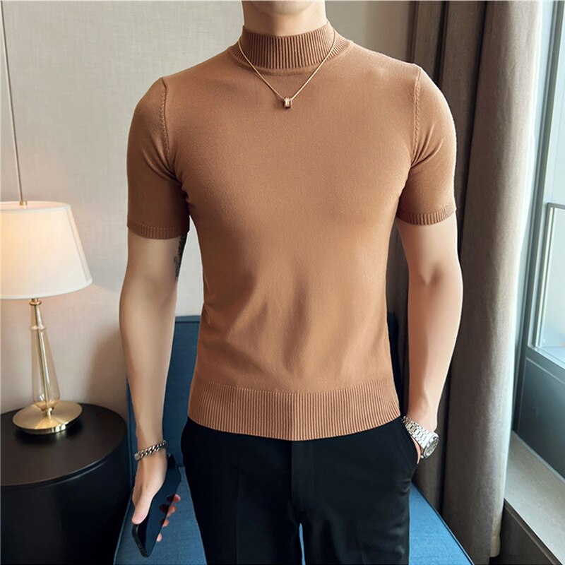 jiaabc Autumn High Quality Short Sleeve Knitted T Shirts  Men Slim Solid Pullovers Half Turtleneck Casual Stretched Tee Shirt Homme