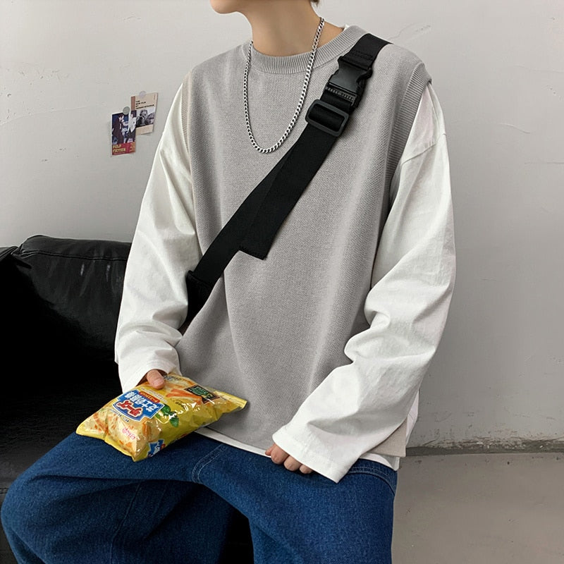 Solid Color Knitted Vest Loose Spring New Sleeveless Sweater Fashion Korean Clothing Harajuku Male Knitwear