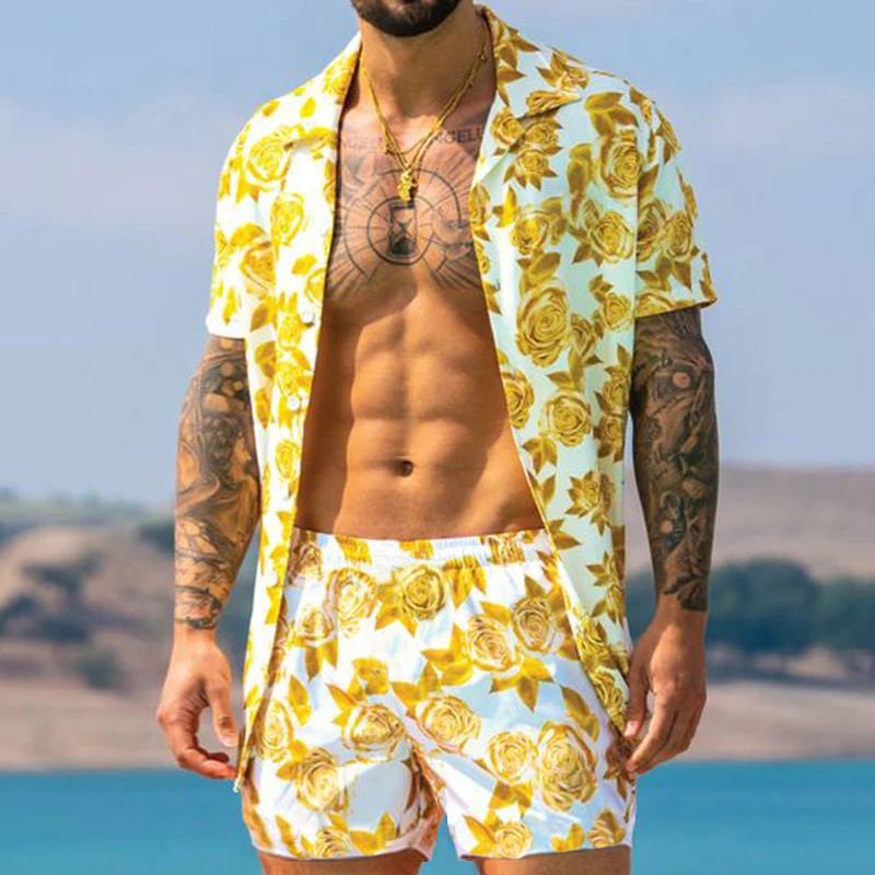 jiaabc New Fashion Hawaiian Shirt Set Mens Printing Set Short Sleeve Summer Casual Floral Shirt Beach Two Piece Men Sets S-3XL