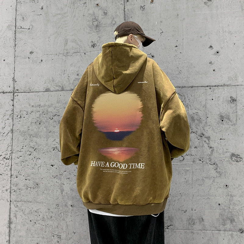 jiaabc Retro Wash Hooded Sweater Man Sunset Graphic Printed Oversized Korean Fashion Hoodies Men Tops Harajuku Street Coat