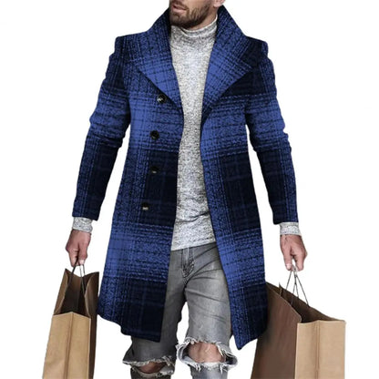 jiaabc Autumn Winter Men's Single Breasted Woolen Overcoat Plaid Print Male Long Thicken Windbreaker Fashion Causal Coat Outerwear Men