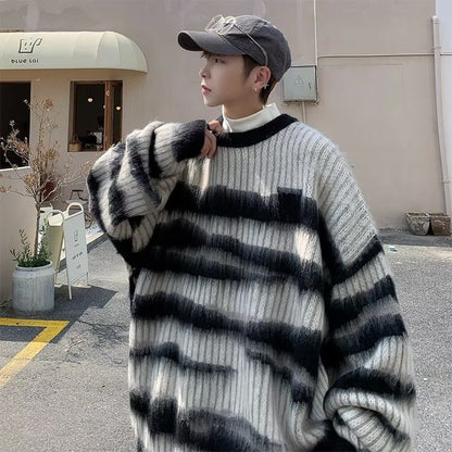 jiaabc Zebra Pattern Round Neck Sweater Men Japanese Retro Loose Vintage Sweater Jacket Autumn and Winter Men Casual Sweater