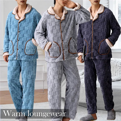 jiaabc Men Warm Flannel Autumn Winter Pajamas Turn-down Collar Long-sleeved Trousers Two-piece Set Loose Comfortable Sleepwear Suit