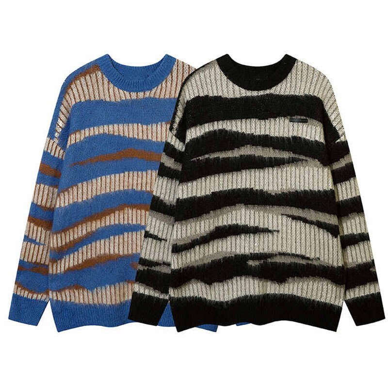 jiaabc Mohair Striped Sweater Men Winter Cashmere O-Neck Pullovers Knit Hip Hop Harajuku Knitted Jumper Sweaters Vintage Oversized