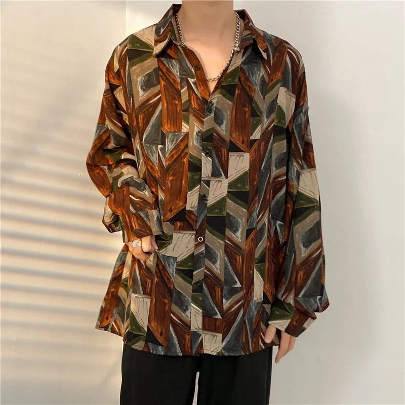 Antique Vintage Long sleeve Shirt for Men Streetwear Korea Style Fashion Design Clothes Full-printed Men's Hip Hop Top Shirt