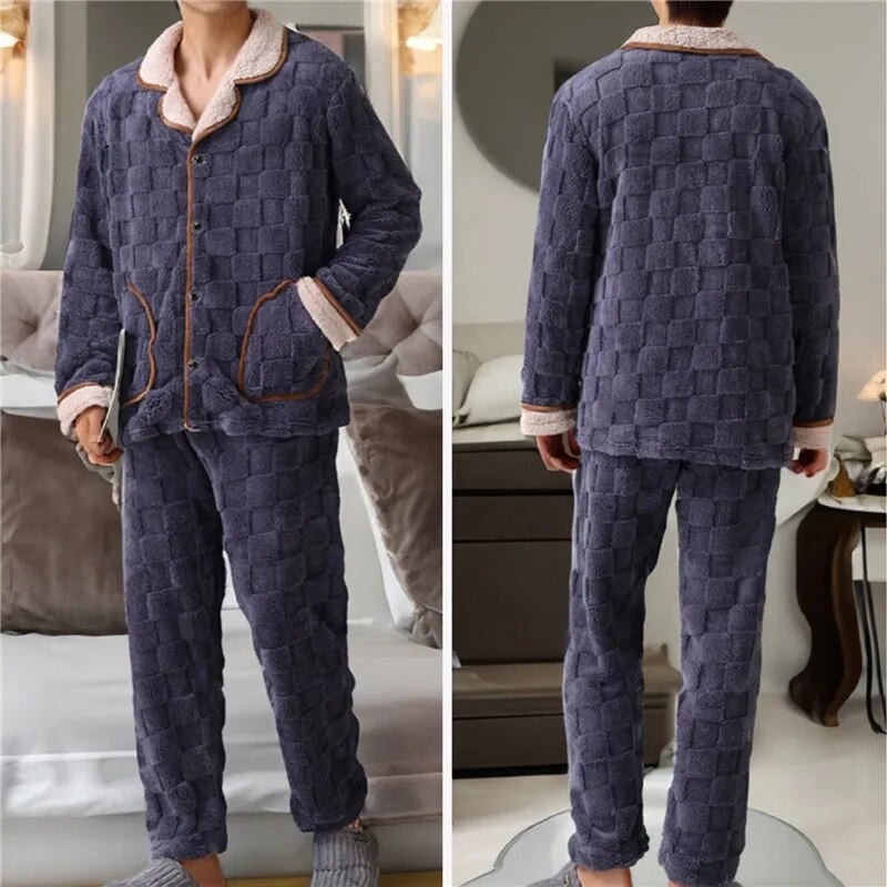 jiaabc Men Warm Flannel Autumn Winter Pajamas Turn-down Collar Long-sleeved Trousers Two-piece Set Loose Comfortable Sleepwear Suit