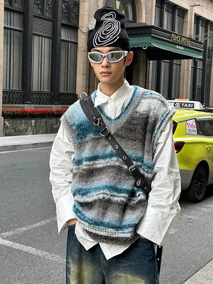 jiaabc Vintage Sweater Vest Men's Knitted Sleeveless Men Sweaters Retro V-neck Pullover Blue Japanese Streetwear Harajuku