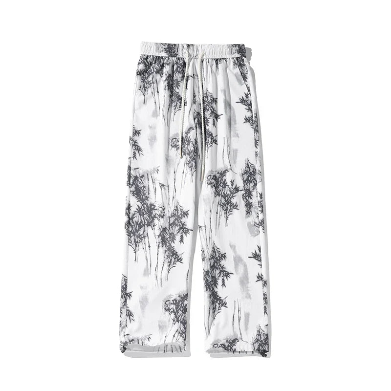 Spring Summer Ice Silk Printed Straight Pants Plus Size 5XL-M Men's Streetwear Thin Casual Pants Men Comfortable Wide Leg Pants