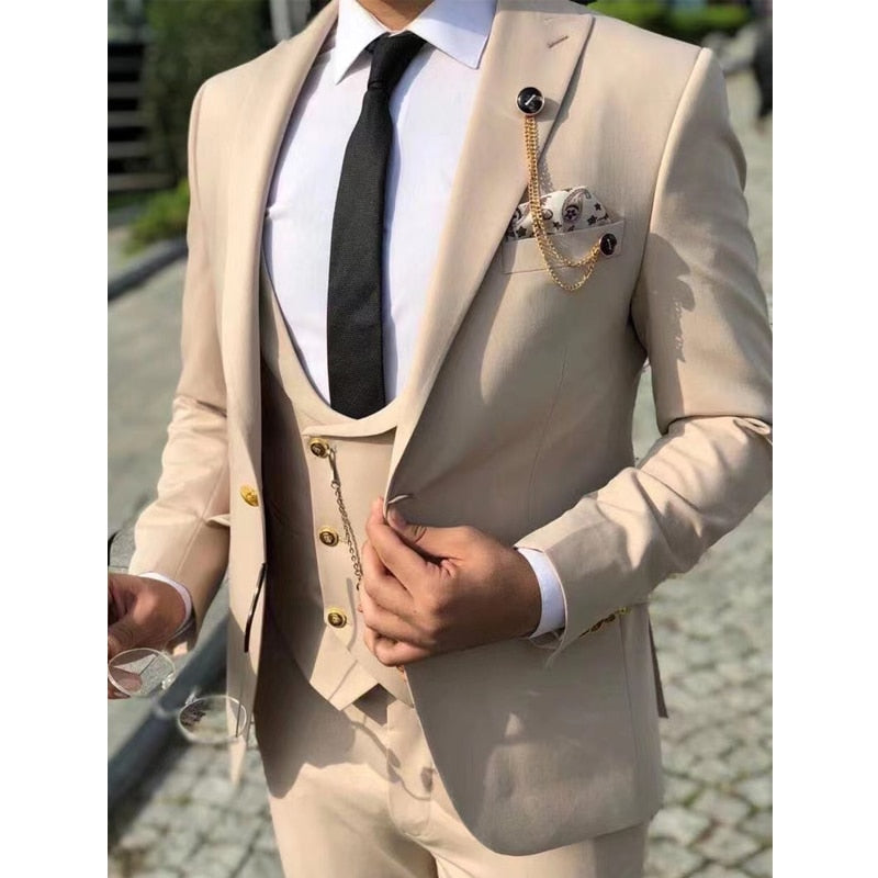 Beige Men's Suits Peak Lapel Slim Fit 3 Piece Italian Style Wedding Groom Tuxedo Business Fashoin Costume (Jacket+Pant+Vest)