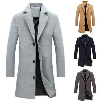 Single Breasted Lapel Long Coat Jacket Fashion Autumn Winter Casual Overcoat Plus Size Trench Men's Woolen Coats Solid Color