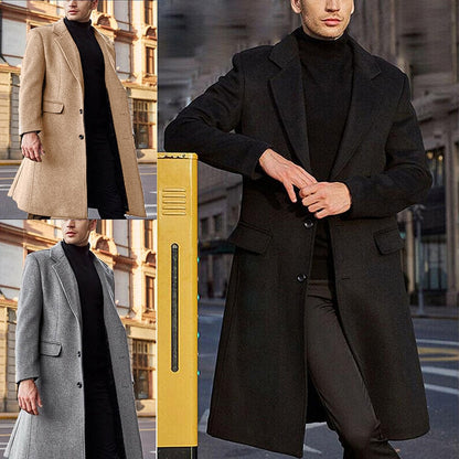 jiaabc Winter Warm Formal Wool Coat For Men Long Jacket Overcoat Fashion Trench Cardigan Solid Color Fashion Label Collar Outwear Male